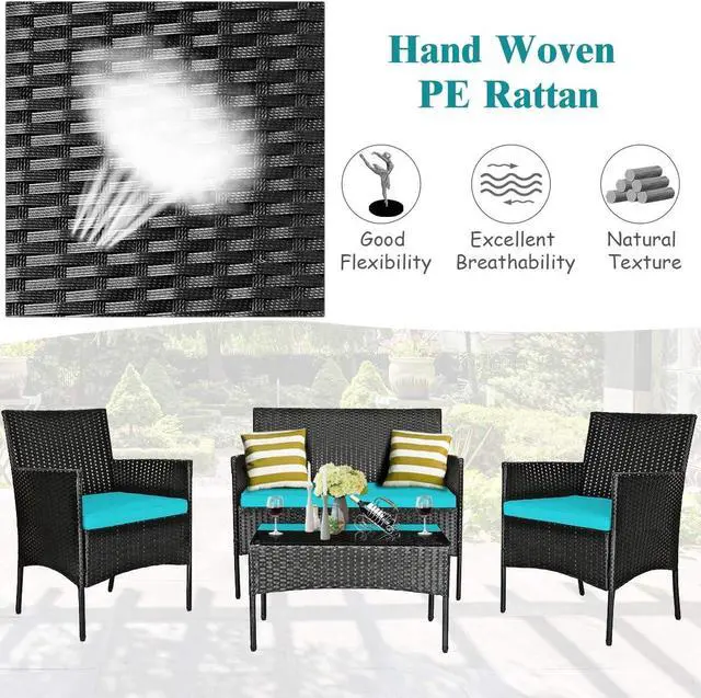 Alt view image 3 of 7 - DORTALA 4 Pieces Patio Furniture Set, Rattan Conversation Set with Coffee Table & Cushions, Outdoor Wicker Sofa Set for Poolside, Backyard, Turquoise