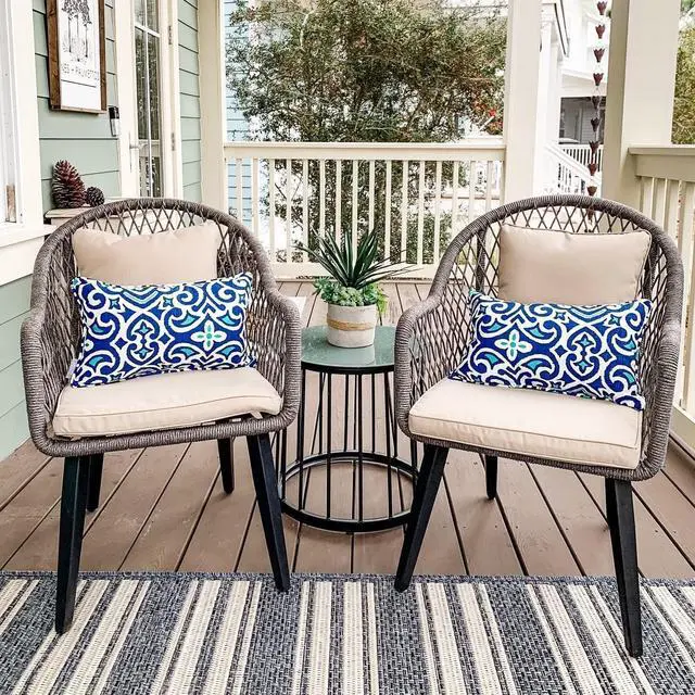 Main image of PHI VILLA 3-Piece Rope Patio Conversation Bistro Chat Set | All-Weather Wicker Outdoor Furniture for Small Patio, Porch, Balcony w/ 2 Chairs, Glass Top Side Table