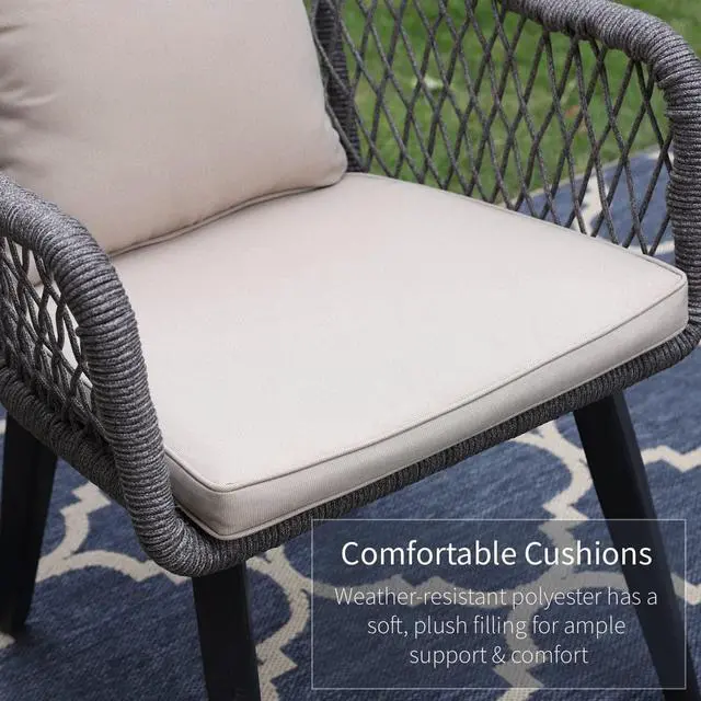 Alt view image 4 of 7 - PHI VILLA 3-Piece Rope Patio Conversation Bistro Chat Set | All-Weather Wicker Outdoor Furniture for Small Patio, Porch, Balcony w/ 2 Chairs, Glass Top Side Table