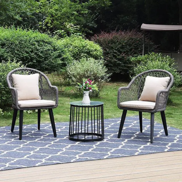 Alt view image 3 of 7 - PHI VILLA 3-Piece Rope Patio Conversation Bistro Chat Set | All-Weather Wicker Outdoor Furniture for Small Patio, Porch, Balcony w/ 2 Chairs, Glass Top Side Table