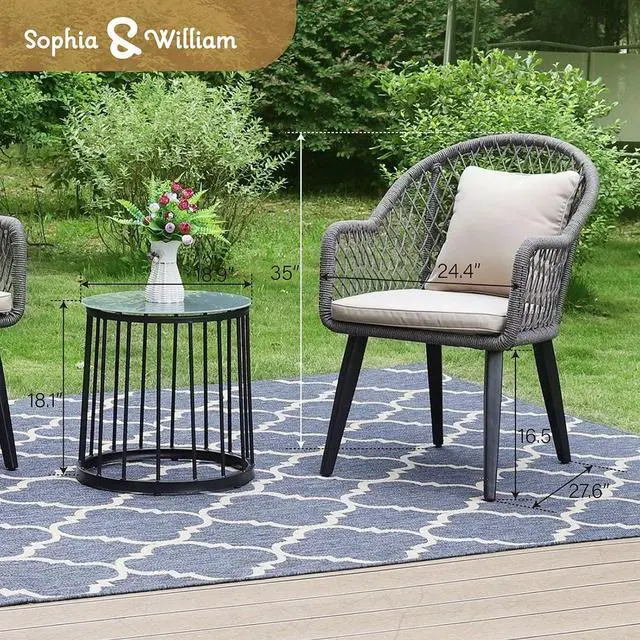 Alt view image 7 of 7 - PHI VILLA 3-Piece Rope Patio Conversation Bistro Chat Set | All-Weather Wicker Outdoor Furniture for Small Patio, Porch, Balcony w/ 2 Chairs, Glass Top Side Table