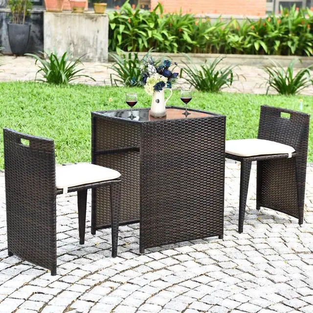 Main image of Tangkula 3 Piece Outdoor Rattan Dining Set, No Assembly Patio Bistro Set with Tempered Glass Table, Space Saving Patio Wicker Cushioned Chair Furniture Set for Courtyard, Balcony, Garden (Brown)