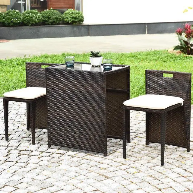 Alt view image 2 of 7 - Tangkula 3 Piece Outdoor Rattan Dining Set, No Assembly Patio Bistro Set with Tempered Glass Table, Space Saving Patio Wicker Cushioned Chair Furniture Set for Courtyard, Balcony, Garden (Brown)