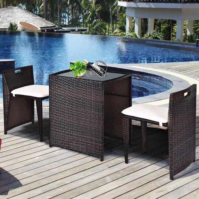 Alt view image 3 of 7 - Tangkula 3 Piece Outdoor Rattan Dining Set, No Assembly Patio Bistro Set with Tempered Glass Table, Space Saving Patio Wicker Cushioned Chair Furniture Set for Courtyard, Balcony, Garden (Brown)