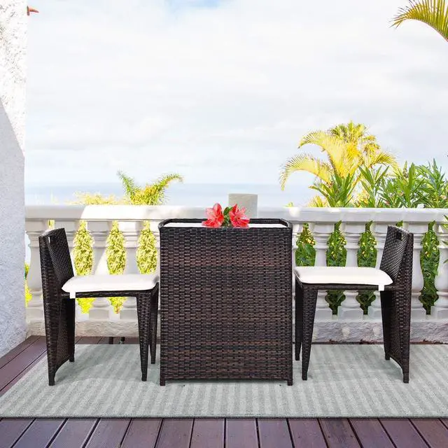 Alt view image 4 of 7 - Tangkula 3 Piece Outdoor Rattan Dining Set, No Assembly Patio Bistro Set with Tempered Glass Table, Space Saving Patio Wicker Cushioned Chair Furniture Set for Courtyard, Balcony, Garden (Brown)