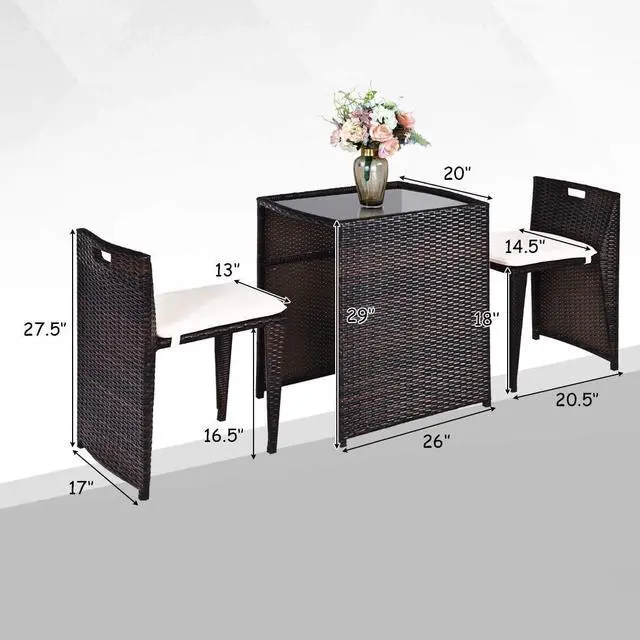 Alt view image 5 of 7 - Tangkula 3 Piece Outdoor Rattan Dining Set, No Assembly Patio Bistro Set with Tempered Glass Table, Space Saving Patio Wicker Cushioned Chair Furniture Set for Courtyard, Balcony, Garden (Brown)
