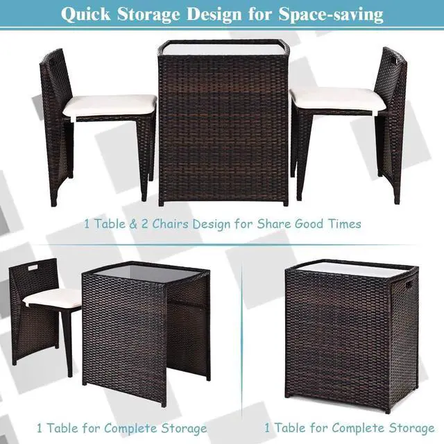 Alt view image 6 of 7 - Tangkula 3 Piece Outdoor Rattan Dining Set, No Assembly Patio Bistro Set with Tempered Glass Table, Space Saving Patio Wicker Cushioned Chair Furniture Set for Courtyard, Balcony, Garden (Brown)