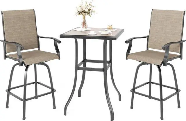Main image of MFSTUDIO 3 PCS Patio Bar Set with 2 Swivel Bar Stools (Breathable Sling Fabric) and 1 Table, Bar Height Bistro Set for 2