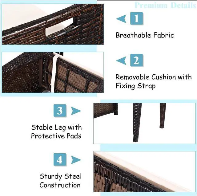 Alt view image 7 of 7 - Tangkula 3 Piece Outdoor Rattan Dining Set, No Assembly Patio Bistro Set with Tempered Glass Table, Space Saving Patio Wicker Cushioned Chair Furniture Set for Courtyard, Balcony, Garden (Brown)