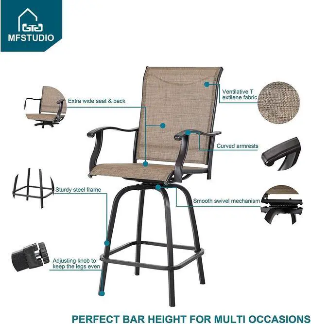 Alt view image 4 of 7 - MFSTUDIO 3 PCS Patio Bar Set with 2 Swivel Bar Stools (Breathable Sling Fabric) and 1 Table, Bar Height Bistro Set for 2