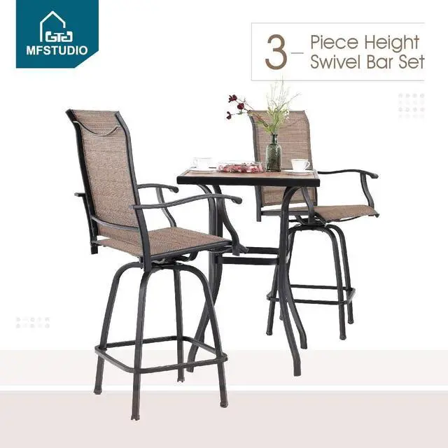 Alt view image 7 of 7 - MFSTUDIO 3 PCS Patio Bar Set with 2 Swivel Bar Stools (Breathable Sling Fabric) and 1 Table, Bar Height Bistro Set for 2