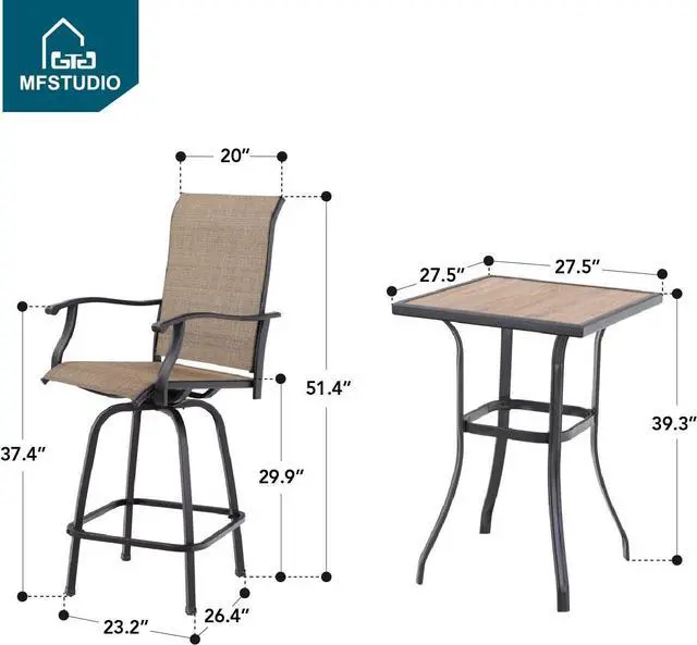 Alt view image 3 of 7 - MFSTUDIO 3 PCS Patio Bar Set with 2 Swivel Bar Stools (Breathable Sling Fabric) and 1 Table, Bar Height Bistro Set for 2