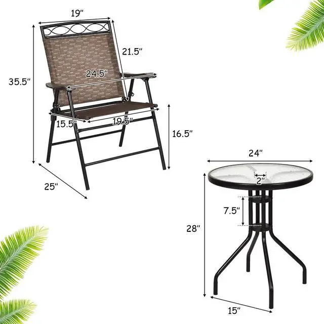 Alt view image 2 of 7 - DORTALA 3-Piece Outdoor Indoor Bistro Conversation Set, Patio Pub Dining Set with 2 Folding Chairs & Round Tempered Glass Table, Umbrella Cutout, Outdoor Dining Furniture Set for Garden Pool Backyard