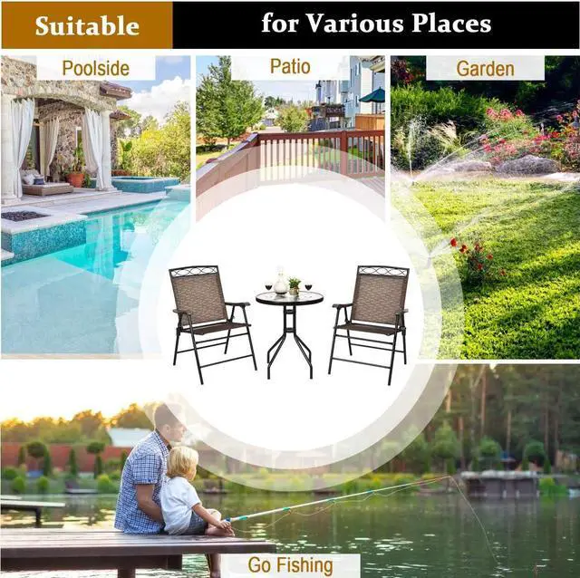 Alt view image 4 of 7 - DORTALA 3-Piece Outdoor Indoor Bistro Conversation Set, Patio Pub Dining Set with 2 Folding Chairs & Round Tempered Glass Table, Umbrella Cutout, Outdoor Dining Furniture Set for Garden Pool Backyard