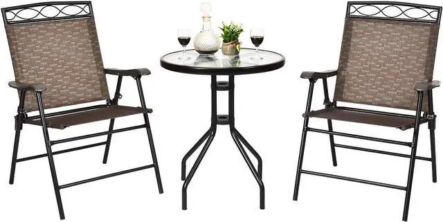 Main image of DORTALA 3-Piece Outdoor Indoor Bistro Conversation Set, Patio Pub Dining Set with 2 Folding Chairs & Round Tempered Glass Table, Umbrella Cutout, Outdoor Dining Furniture Set for Garden Pool Backyard