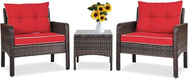 Main image of DORTALA 3 Piece Patio Furniture Set, Outdoor Rattan Wicker Conversation Set with Cushions, Glass Top Coffee Table for Garden Balcony Poolside, Red