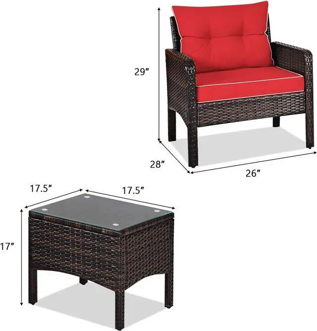 Alt view image 2 of 7 - DORTALA 3 Piece Patio Furniture Set, Outdoor Rattan Wicker Conversation Set with Cushions, Glass Top Coffee Table for Garden Balcony Poolside, Red