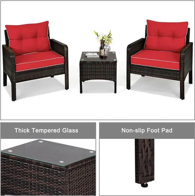 Alt view image 4 of 7 - DORTALA 3 Piece Patio Furniture Set, Outdoor Rattan Wicker Conversation Set with Cushions, Glass Top Coffee Table for Garden Balcony Poolside, Red