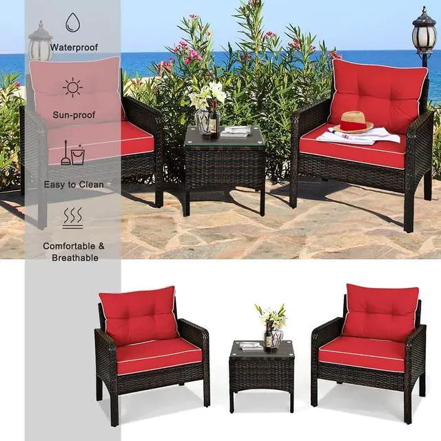 Alt view image 5 of 7 - DORTALA 3 Piece Patio Furniture Set, Outdoor Rattan Wicker Conversation Set with Cushions, Glass Top Coffee Table for Garden Balcony Poolside, Red