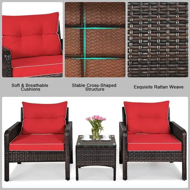 Alt view image 3 of 7 - DORTALA 3 Piece Patio Furniture Set, Outdoor Rattan Wicker Conversation Set with Cushions, Glass Top Coffee Table for Garden Balcony Poolside, Red