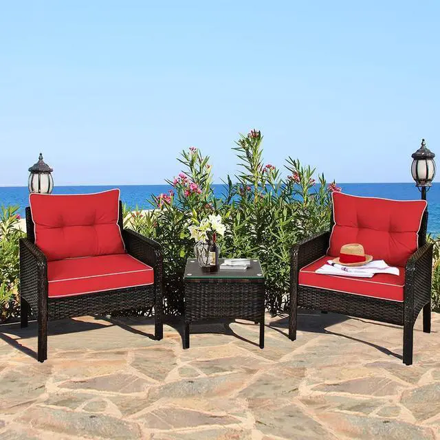Alt view image 6 of 7 - DORTALA 3 Piece Patio Furniture Set, Outdoor Rattan Wicker Conversation Set with Cushions, Glass Top Coffee Table for Garden Balcony Poolside, Red