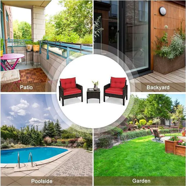 Alt view image 7 of 7 - DORTALA 3 Piece Patio Furniture Set, Outdoor Rattan Wicker Conversation Set with Cushions, Glass Top Coffee Table for Garden Balcony Poolside, Red