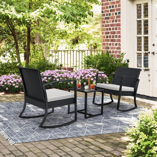 Alt view image 3 of 7 - Greesum 3 Pieces Outdoor Furniture Set Patio Bistro Rocking Chairs with Glass Coffee Table for Pool Beach Backyard Balcony Porch Deck Garden, White