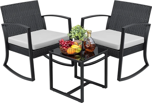 Main image of Greesum 3 Pieces Outdoor Furniture Set Patio Bistro Rocking Chairs with Glass Coffee Table for Pool Beach Backyard Balcony Porch Deck Garden, White