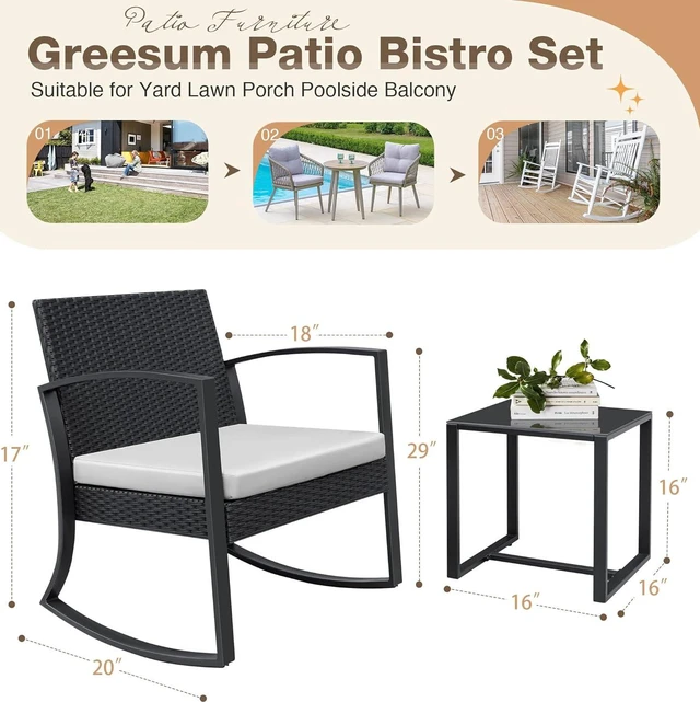 Alt view image 2 of 7 - Greesum 3 Pieces Outdoor Furniture Set Patio Bistro Rocking Chairs with Glass Coffee Table for Pool Beach Backyard Balcony Porch Deck Garden, White