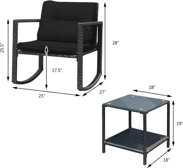 Alt view image 3 of 7 - DORTALA 3 Pieces Patio Furniture Set, Rattan Rocking Chair and Glass Coffee Table with Cushions, Outdoor Wicker Conversation Bistro Set of 3 for Backyard Poolside, Black