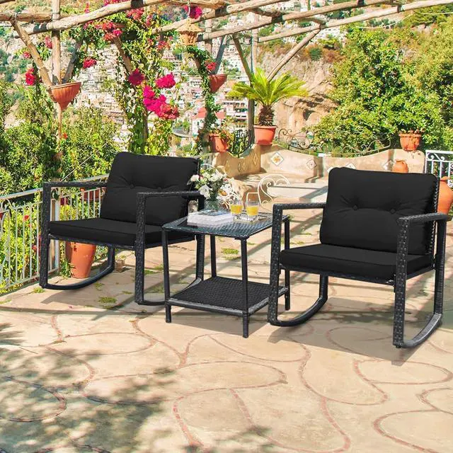 Alt view image 7 of 7 - DORTALA 3 Pieces Patio Furniture Set, Rattan Rocking Chair and Glass Coffee Table with Cushions, Outdoor Wicker Conversation Bistro Set of 3 for Backyard Poolside, Black
