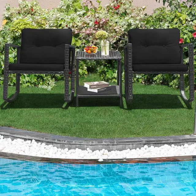 Alt view image 2 of 7 - DORTALA 3 Pieces Patio Furniture Set, Rattan Rocking Chair and Glass Coffee Table with Cushions, Outdoor Wicker Conversation Bistro Set of 3 for Backyard Poolside, Black