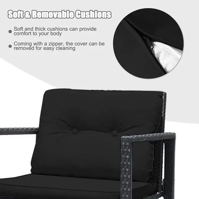 Alt view image 5 of 7 - DORTALA 3 Pieces Patio Furniture Set, Rattan Rocking Chair and Glass Coffee Table with Cushions, Outdoor Wicker Conversation Bistro Set of 3 for Backyard Poolside, Black
