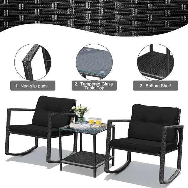 Alt view image 6 of 7 - DORTALA 3 Pieces Patio Furniture Set, Rattan Rocking Chair and Glass Coffee Table with Cushions, Outdoor Wicker Conversation Bistro Set of 3 for Backyard Poolside, Black