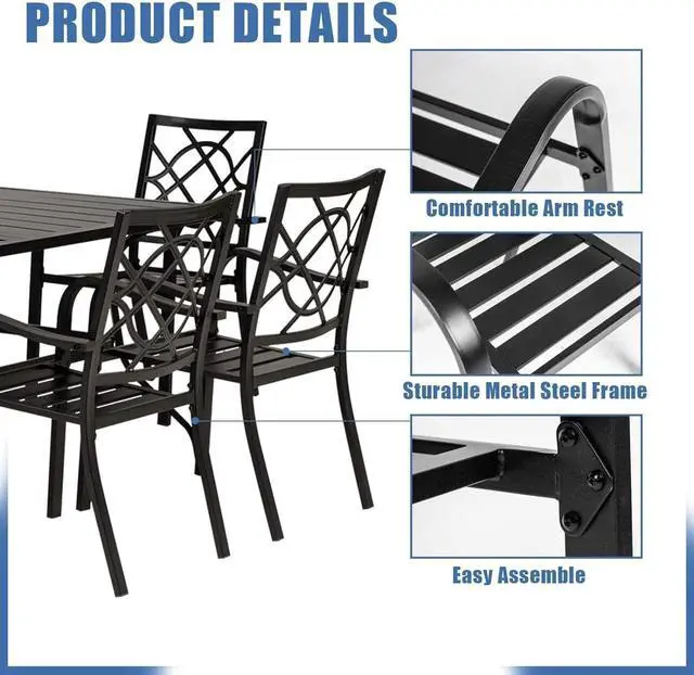 Alt view image 4 of 7 - Crownland 7 PCS Furniture Patio Dining Set, 6 Stackable Metal Chairs and Rectangular Outdoor Dining Table with 1.57" Umbrella Hole(Metal Tabletop)