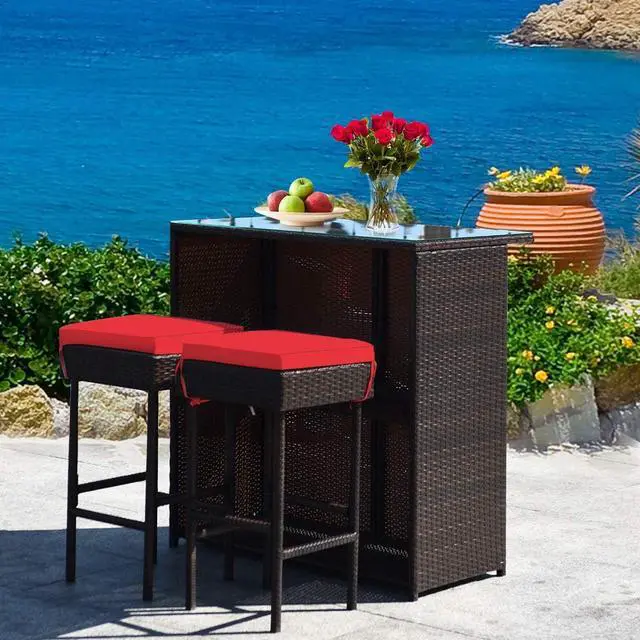Alt view image 3 of 7 - DORTALA 3 Pieces Rattan Patio Bar Table & Stool Set, Patio Furniture Set for Lawn Pool BackyardFront Porch, Dining Set w/Cushion, Red