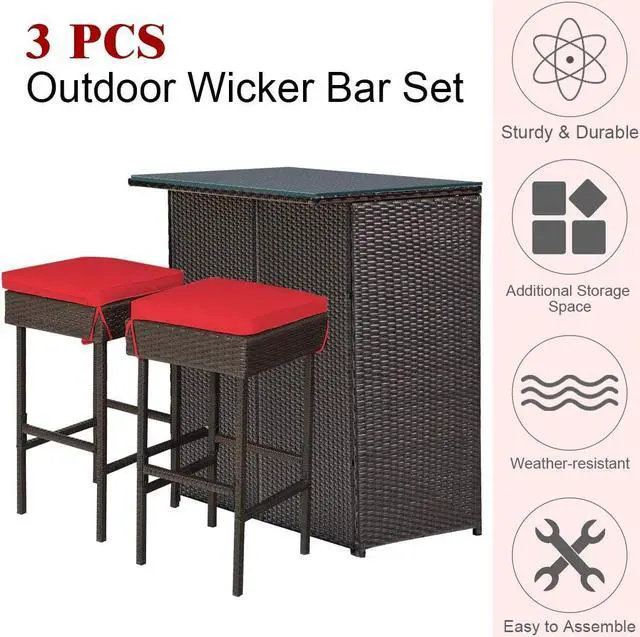 Alt view image 4 of 7 - DORTALA 3 Pieces Rattan Patio Bar Table & Stool Set, Patio Furniture Set for Lawn Pool BackyardFront Porch, Dining Set w/Cushion, Red
