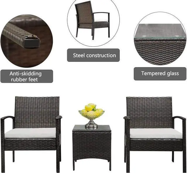 Alt view image 2 of 7 - 3 Pieces Outdoor Patio Furniture Set, Outdoor Wicker Conversation Set, Modern Bistro Set with Coffee Table for Yard Bistro Garden Balcony Backyard Poolside (Classic Brown A)
