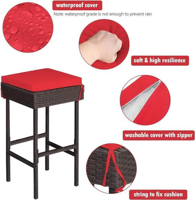 Alt view image 6 of 7 - DORTALA 3 Pieces Rattan Patio Bar Table & Stool Set, Patio Furniture Set for Lawn Pool BackyardFront Porch, Dining Set w/Cushion, Red