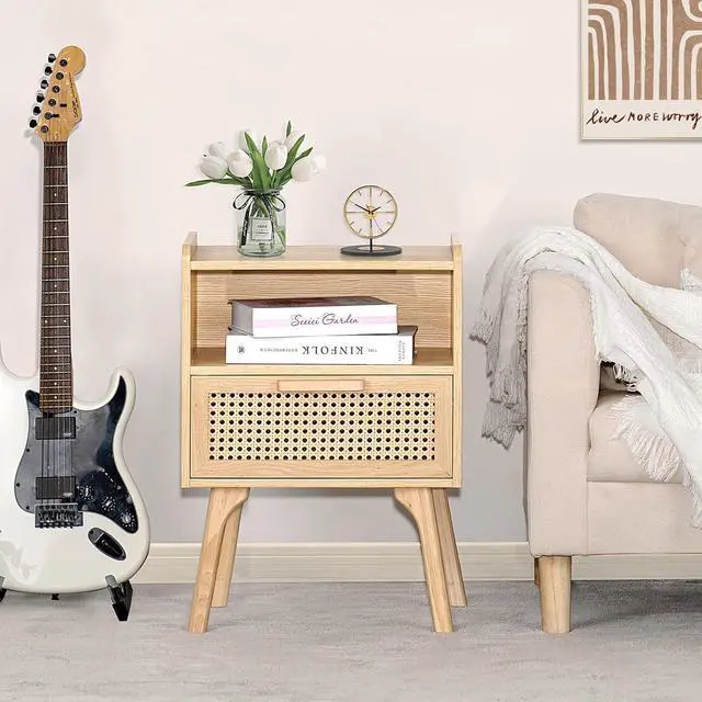 Alt view image 5 of 7 - Lerliuo Rattan Nightstand, Boho Side Table with Drawer Open Shelf