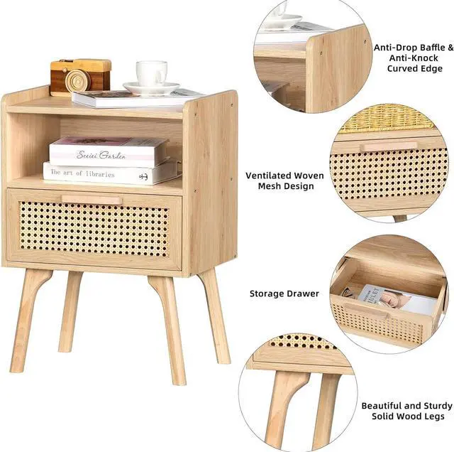 Alt view image 6 of 7 - Lerliuo Rattan Nightstand, Boho Side Table with Drawer Open Shelf