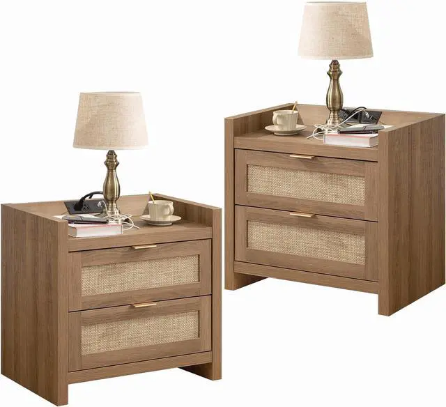 Main image of SICOTAS Rattan Nightstand Set of 2, Bedside Table with 2 Large Drawers