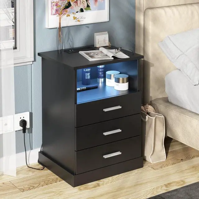 Main image of Halitaa Black LED Nightstand with Charging Station, Side Table with 3 Drawers and Light, End Table with Open Storage, Beside Cabinet for Bedroom (Black)
