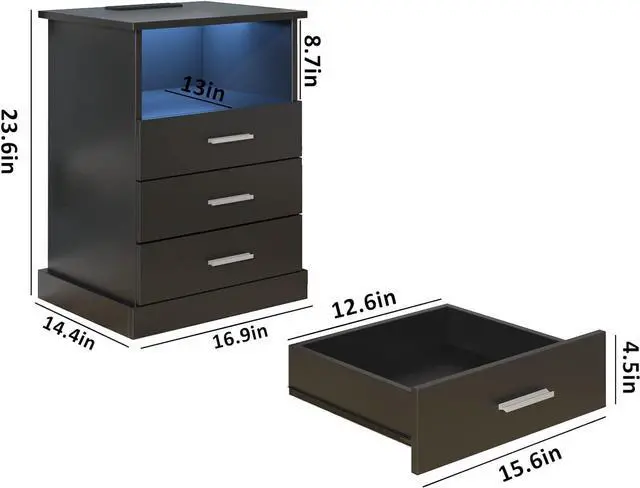 Alt view image 2 of 7 - Halitaa Black LED Nightstand with Charging Station, Side Table with 3 Drawers and Light, End Table with Open Storage, Beside Cabinet for Bedroom (Black)