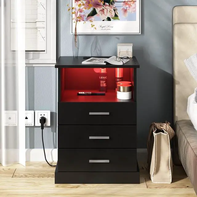 Alt view image 3 of 7 - Halitaa Black LED Nightstand with Charging Station, Side Table with 3 Drawers and Light, End Table with Open Storage, Beside Cabinet for Bedroom (Black)