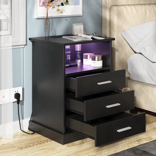 Alt view image 4 of 7 - Halitaa Black LED Nightstand with Charging Station, Side Table with 3 Drawers and Light, End Table with Open Storage, Beside Cabinet for Bedroom (Black)