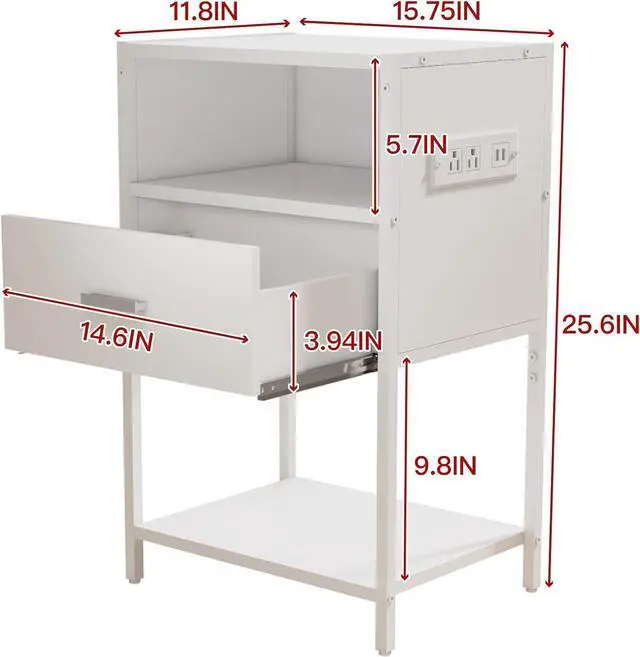 Alt view image 3 of 7 - LDTTCUK Nightstand with Charging Station, Modern End Table with Drawer, White Bedside Table with Open Storage for Bedroom