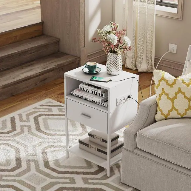 Alt view image 2 of 7 - LDTTCUK Nightstand with Charging Station, Modern End Table with Drawer, White Bedside Table with Open Storage for Bedroom