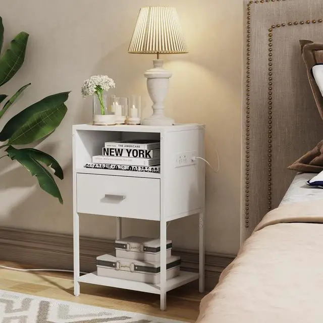 Alt view image 4 of 7 - LDTTCUK Nightstand with Charging Station, Modern End Table with Drawer, White Bedside Table with Open Storage for Bedroom