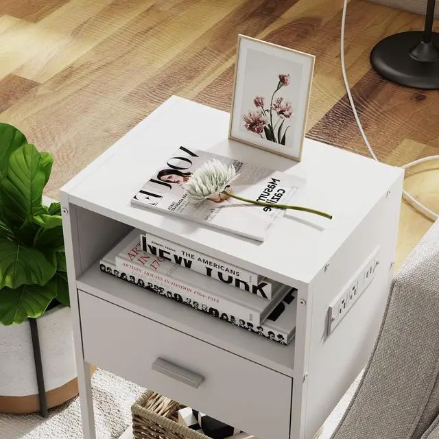 Alt view image 5 of 7 - LDTTCUK Nightstand with Charging Station, Modern End Table with Drawer, White Bedside Table with Open Storage for Bedroom